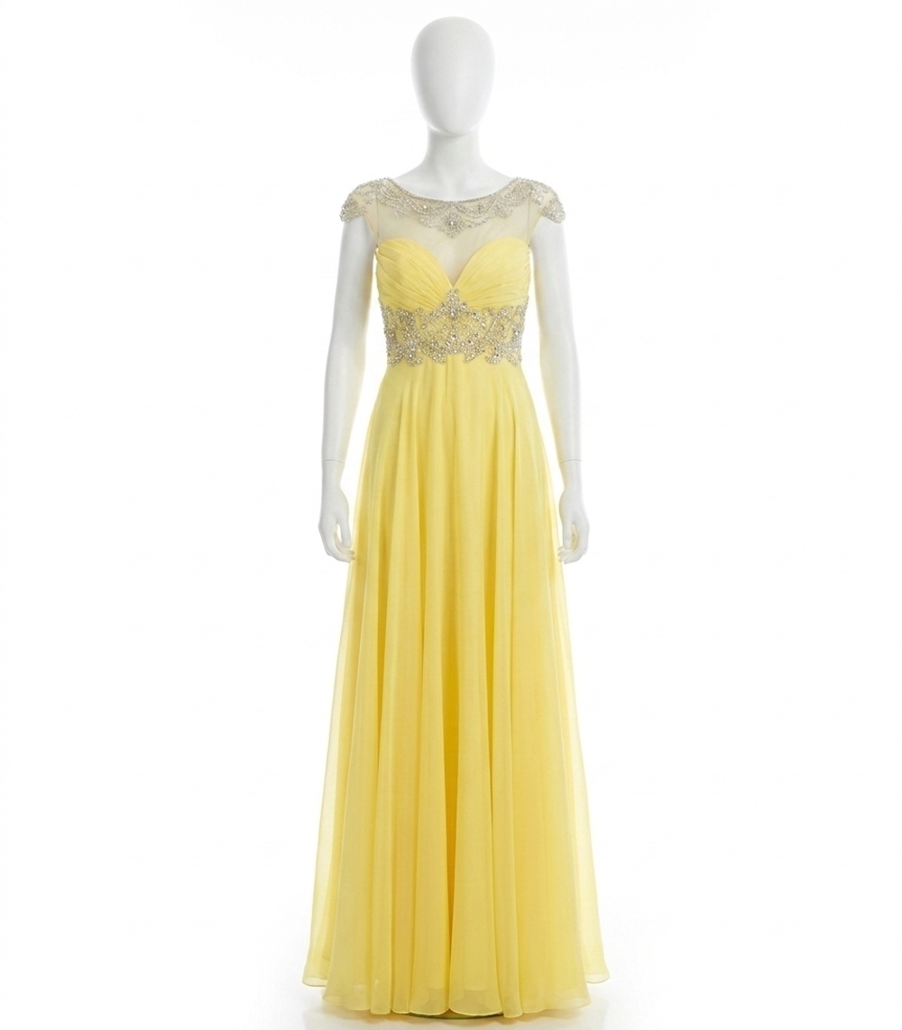 NEW RACHEL ALLAN beaded high mesh neck chiffon prom gown in yellow